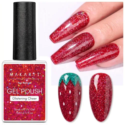 Miniatura 12 de Makartt Juego de esmaltes de uñas de gel con purpurina navideña - 2 piezas de 15ml (0.51 onzas líquidas), gel brillante, removible con UV