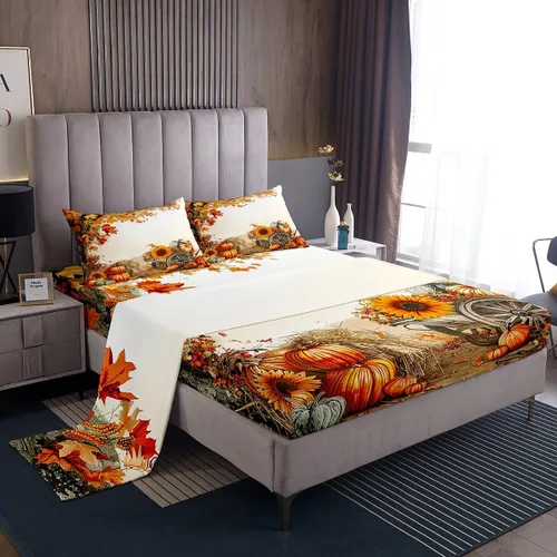 Miniatura 12 de Manfei Juego de sábanas de calabaza de otoño, tamaño individual, juego de ropa de cama floral de hojas verdes para niños y niñas, decoración