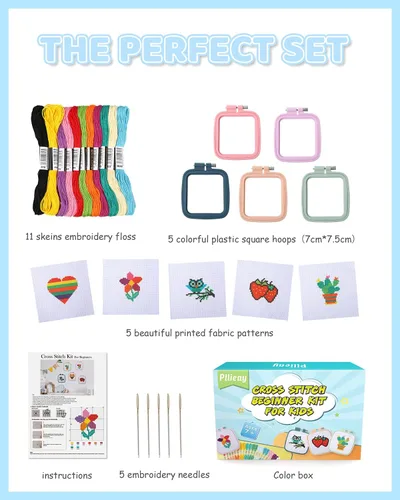 Miniatura 2 de Pllieay 5 kits de punto de cruz para principiantes para niños de 7 a 13 años, incluye 5 proyectos estampados y 5 aros de bordado cuadrados, 11