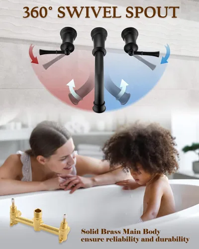 Miniatura 5 de Llenador de tina de montaje en pared de alto flujo con válvula áspera, grifo de bañera de montaje en pared, grifo de bañera romana de latón, 2