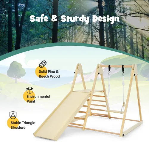 Miniatura 5 de OLAKIDS Gimnasio de la selva para interiores, 4 en 1, plegable de madera Montessori, juguetes de escalada para bebés, con rampa deslizante