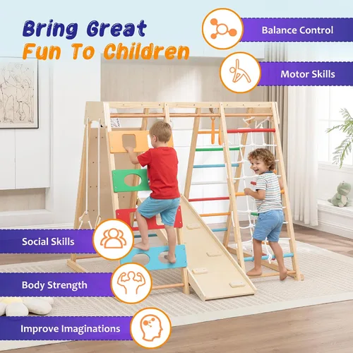 Miniatura 2 de Juego de gimnasio y parque infantil 9 en 1, juguete de escalada de madera con tobogán, columpio, red de escalada, anillos – Juego para niños
