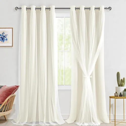 Miniatura 39 de Hiasan Cortinas opacas con superposición transparente, aislamiento térmico para mezclar y combinar de doble capa, cortinas de oscurecimiento de Beige