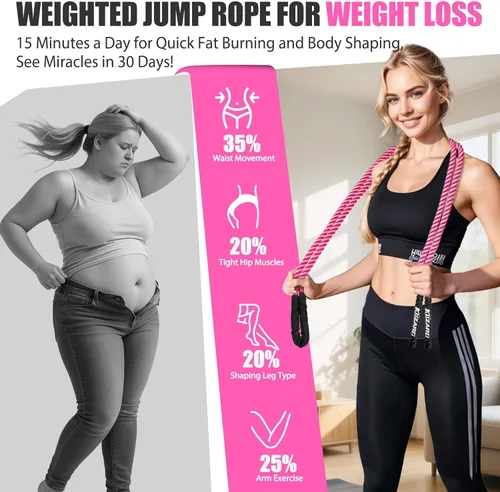 Miniatura 6 de KUZARO Cuerda de saltar, Cuerda de saltar con peso para mujeres, Cuerdas de saltar pesadas para fitness, Equipo de ejercicio para gimnasio en casa