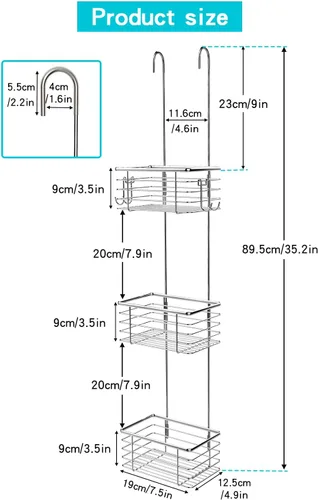 Miniatura 2 de YQH Estante de ducha colgante de 3 niveles, organizador de puerta con 2 ganchos para maquinilla de afeitar, bolas de ducha y más (3 niveles)