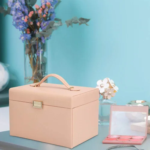 Miniatura 7 de FEISCON Joyero organizador de reloj estuche grande para joyas gafas de sol caja de almacenamiento de cuero organizador de aretes rosa
