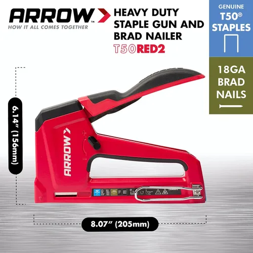 Miniatura 4 de Arrow T50RED2 - Pistola de grapas manual 2 en 1 y clavadora de clavos para tapicería, marco, aislamiento, manualidades y muebles, rojo