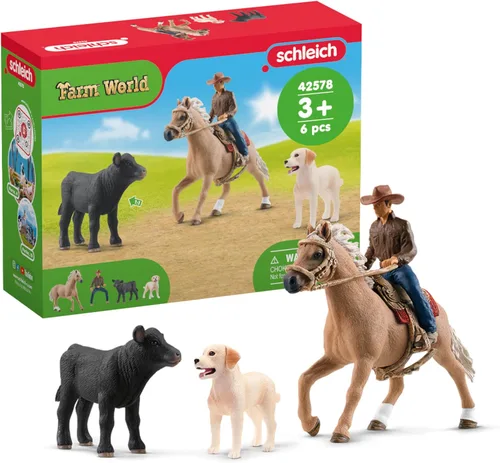 Schleich Farm World - Juego de 6 piezas para rodeo de ternero - Figura de jinete de vaquero con figura de caballo, vaca y perro - Juguetes y