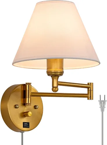 Apliques de pared con brazo oscilante, lámpara de pared enchufable, lámpara de pared para dormitorio, pantalla de tela blanca, con interruptor Dorado