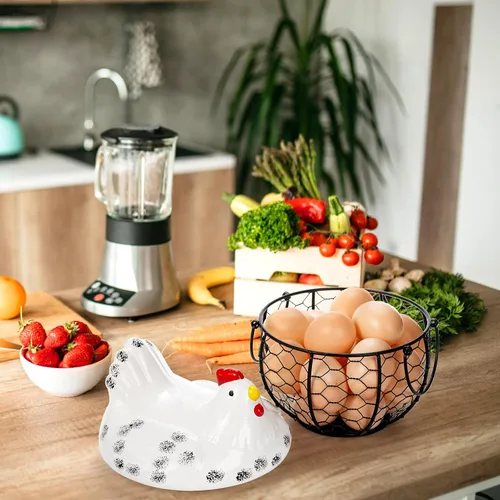 Miniatura 5 de AVLA Canasta de huevos de pollo, canastas de recolección de huevos de alambre negro con tapa de cerámica para recolectar huevos frescos, soporte