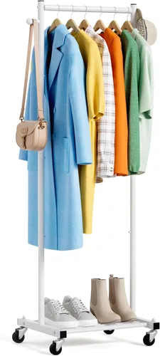 Miniatura 10 de MISSLO Percheros pequeños para colgar ropa con ruedas, perchero de ropa de 60 pulgadas con estantes, estante portátil con ruedas para armarios Dorado