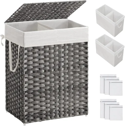 SONGMICS Cesta de lavandería con tapa, cesta de ropa de 90 litros con 2 bolsas de forro extraíbles, 6 bolsas de malla, canasta de mimbre para Gris