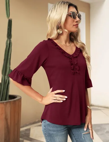 Miniatura 2 de Ivicoer Camisetas casuales con cuello en V para mujer, holgadas, para verano, otoño, mangas 34 acampanadas, tops, blusas túnica con volantes