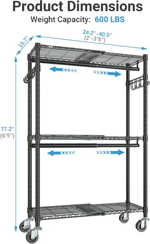 Miniatura 6 de VIPEK R2X - Armario portátil expandible con ruedas con cerradura, capacidad de 600 libras, perchero resistente con estantes ajustables y barra
