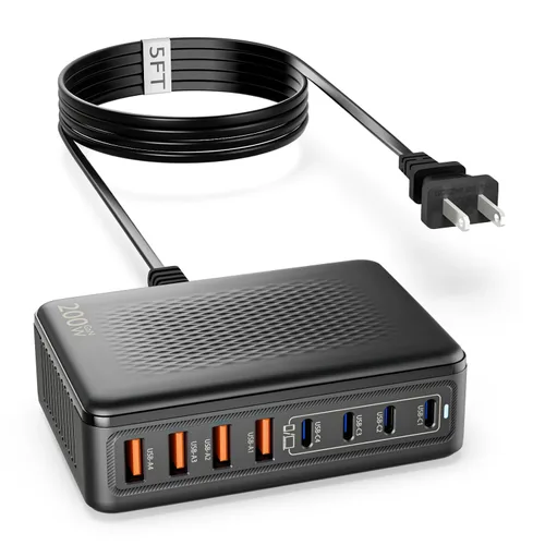 Bloque de cargador USB C, 200 W, GaN 8 puertos, estación de carga USBC, cubo con PD3.0 tipo C y cargador de pared USB A, adaptador de corriente para