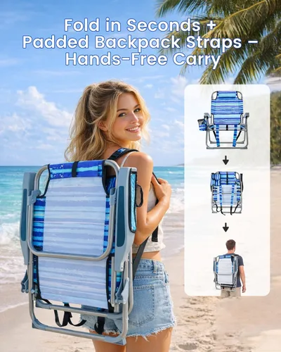 Miniatura 5 de GVDV Sillas de playa tipo mochila para adultos, silla plegable plana portátil con portavasos y toalleros, silla reclinable ajustable de 4 posiciones