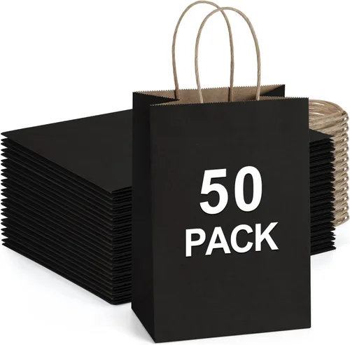BagDream Bolsas de regalo pequeñas con asas, 50 bolsas de papel kraft de 5.25 x 3 x 8 pulgadas, a granel para recuerdos de fiesta, venta al por Negro