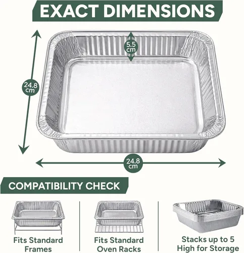Miniatura 6 de Zuvo Contenedores grandes desechables de papel de aluminio con tapas de papel 25x25x4 cm, recipientes para llevar, buenos para hornear, asar
