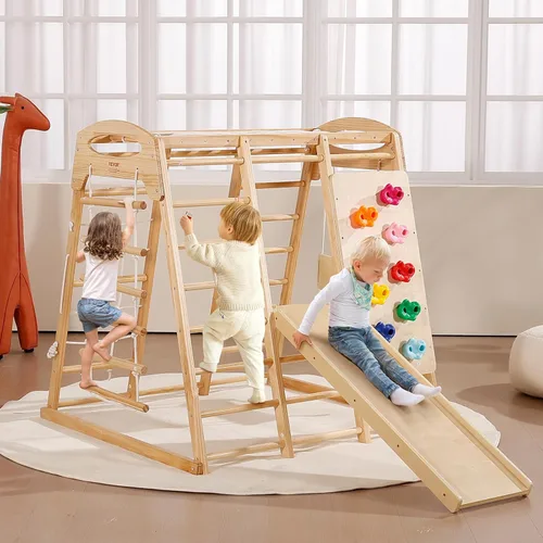 Miniatura 8 de VEVOR Gimnasio interior de la selva, parque infantil 7 en 1, 47.2 x 58 x 56 pulgadas, con escalera de madera y cuerda, escalera de red, columpio