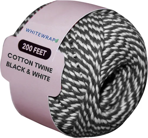 Cordel orgánico blanco y negro – Cuerda de algodón fuerte de 200 pies para envolver regalos, hornear, manualidades, carnicería, decoración de