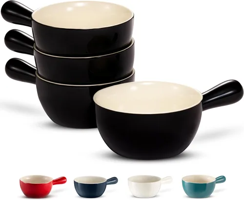Miniatura 9 de Kook Cuencos de sopa de cebolla francesa, cuencos de cerámica apilables con asas, aptos para horno, microondas y lavavajillas, para cereales, sopas