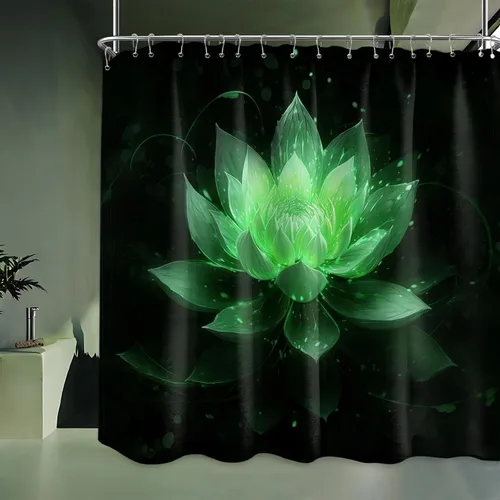 Miniatura 58 de Cortina de ducha con flores de loto negro y azul para decoración de baño, juego de cortinas decorativas de baño con estampado floral, tela