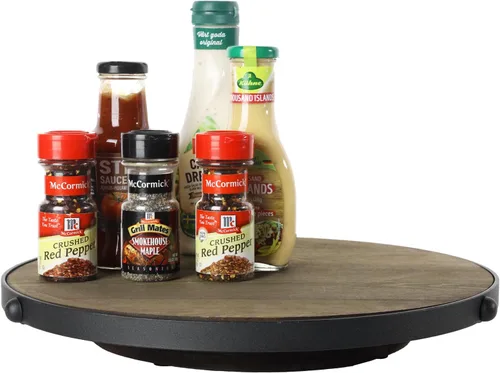 MyGift Lazy Susan - Bandeja giratoria de 15 pulgadas con tablero redondo rústico de madera maciza quemada y acento de metal negro, estante giratorio