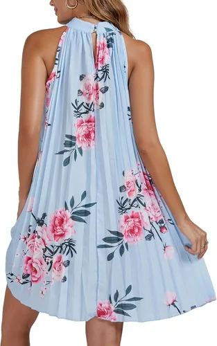 Miniatura 2 de Vrtige Vestido corto de mujer con cuello halter floral, plisado, sin mangas, dobladillo fluido, acampanado, para mujer