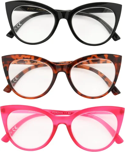 Miniatura 3 de Betsey Johnson Women's Plaid 3 Pack Reading Glasses Cat Eye, Black, Tortoise, Magenta, 1.5X + 1.5