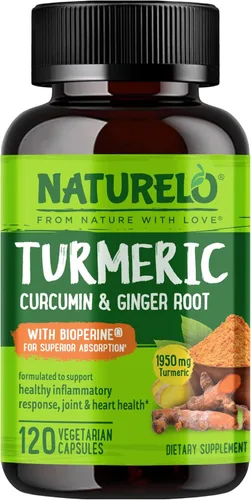 NATURELO Curcumina de cúrcuma - BioPerine para una mejor absorción - Pimienta negra, raíz de jengibre, curcuminoides - Apoyo a las molestias