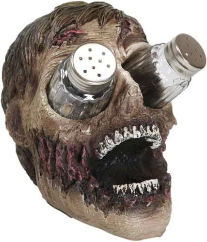 Ebros Walking Undead Gory - Juego de figuras de cabeza de zombi sin ojos y salero y pimentero con pompones de cristal, estatua decorativa de miedo