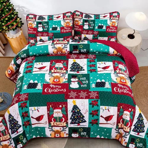 Miniatura 3 de WONGS BEDDING Juego de edredón de Navidad tamaño Queen, juego de ropa de cama con estampado de Papá Noel, alce, copo de nieve y árbol de Navidad
