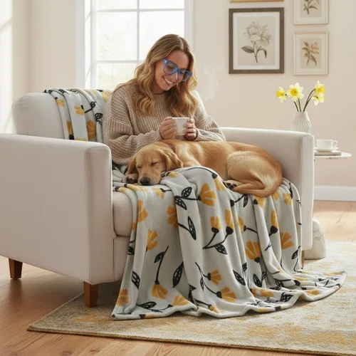 Miniatura 2 de DaDa Bedding - Manta de forro polar floral, franela suave de visón sintético con tulipanes amarillos y naranjas sobre gris, acogedora y elegante