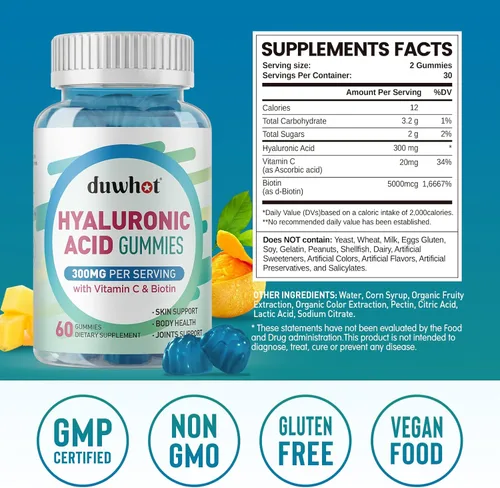 Miniatura 2 de duwhot Gomitas de ácido hialurónico, suplementos de ácido hialurónico con vitamina C y biotina 5000 mcg para la piel, el cabello, la salud