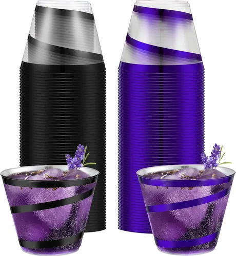 Miniatura 31 de Gejoy Tazas de plástico con borde en espiral de 9 onzas desechables, tazas de vino de plástico elegantes y transparentes, elegantes jarras de Oro
