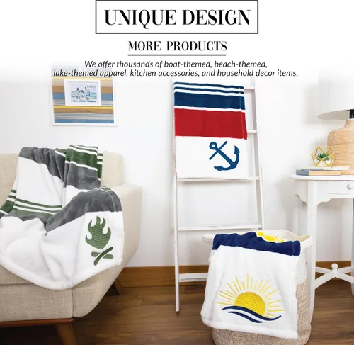 Miniatura 5 de Pavilion Gift Company - Manta de 50" x 60" a rayas verde, blanco y gris con bordado de hoguera, felpa real suave, regalo para amantes del camping