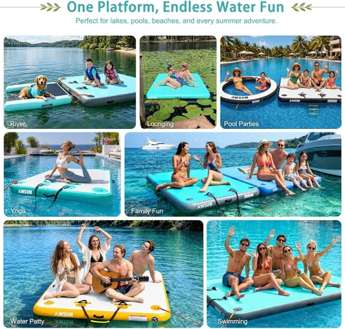 Miniatura 2 de AWSUM Muelle Flotante Inflable Plataforma de Aire Muelle Flotante Isla Balsa con Superficie Antideslizante para Piscina, Playa, Océano Verde