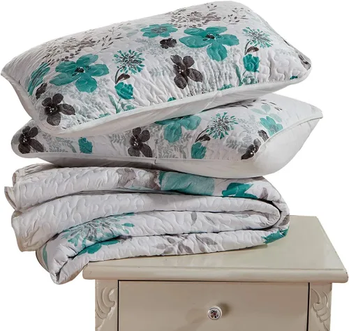 Miniatura 3 de Home Collection Colcha de gran tamaño de 3 piezas tamaño King/California King con estampado floral turquesa y marrón 118" x 95" Nueva