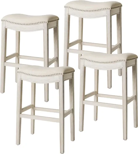 Miniatura 12 de Maven Lane Adrien Taburete de bar sin espalda, asiento de silla de montar de 31 pulgadas con reposapiés, marco de madera maciza gris y tapicería