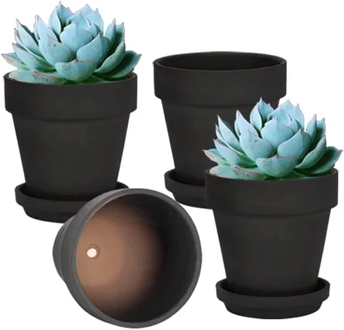 vensovo Macetas de terracota y arcilla negras de 6 pulgadas para plantas con platillo, paquete de 4 macetas medianas de terracota con orificio de
