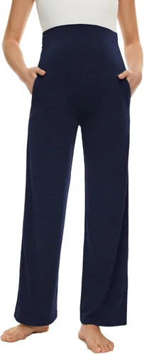 Miniatura 17 de Ecavus Pantalones de maternidad anchos y rectos para mujer, versátiles, cómodos, palazzo, elásticos, con bolsillos