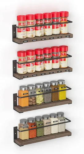 SpaceAid Organizador de especias para puerta de armario o montaje en pared (paquete de 4) con 415 etiquetas de especias, estante colgante de madera