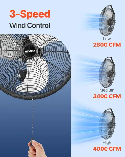 Miniatura 4 de VEVOR Ventilador industrial de montaje en pared de 18 pulgadas, alta velocidad 4000 CFM con 3 velocidades, potente ventilador de pared de garaje