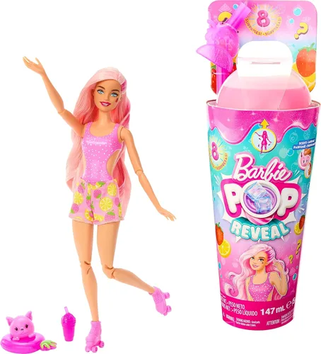 Miniatura 10 de Barbie Muñeca Pop Reveal y accesorios, aroma a ponche de fruta con cabello azul, 8 sorpresas incluyen slime, cambio de color y cachorro
