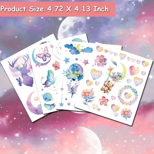 Miniatura 3 de Tatuajes con purpurina para niñas y mujeres, 12 hojas con purpurina de mariposa, luna, flores, sirena, tatuajes temporales para niñas, suministros
