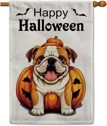 Miniatura 31 de Bandera de jardín de bulldog de Halloween de 12.5 x 18 pulgadas, vertical, doble cara, calabaza de Feliz Halloween, linda cachorro, decoración