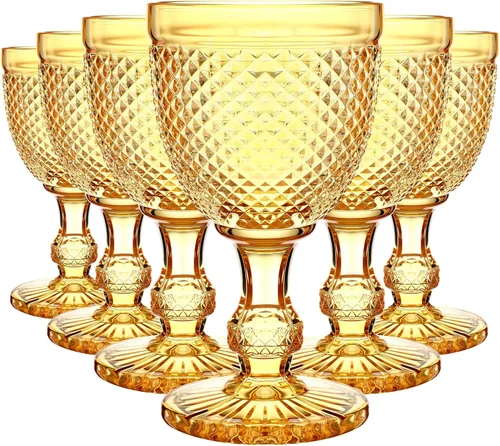Bokon Juego de 6 copas de vidrio ámbar de 10 onzas de alto transparente, copas de agua vintage, diseño de diamante en relieve, cristalería con tallo
