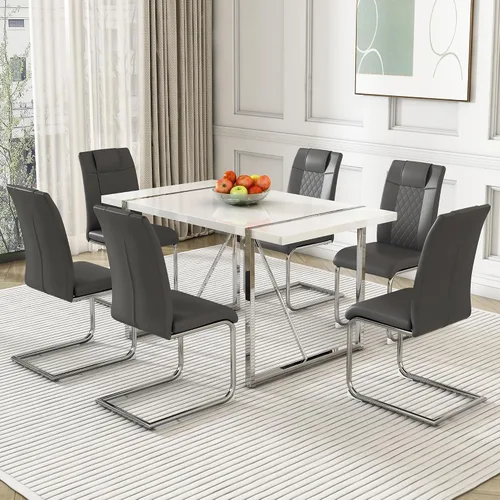 Miniatura 10 de Juego de mesa de comedor para 4, juego de mesa de cocina rectangular de MDF blanco con sillas de comedor de cuero, juego de 4, juego de mesa