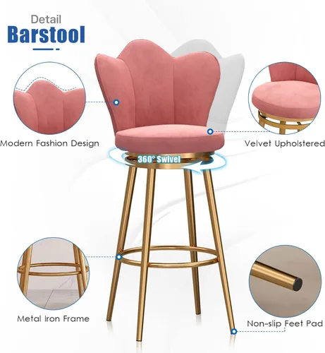 Miniatura 6 de Juego de 4 taburetes giratorios de terciopelo rosa, modernos taburetes tapizados de altura de mostrador con respaldo para isla de cocina, sillas