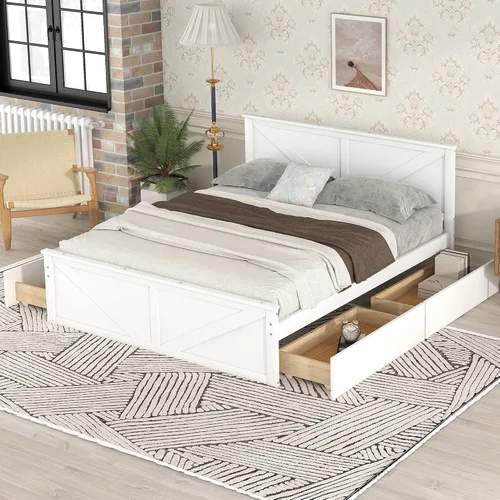 Miniatura 10 de Anwick Cama de plataforma de madera con 4 cajones de almacenamiento, base de cama de plataforma de madera maciza con cabecera y patas de apoyo